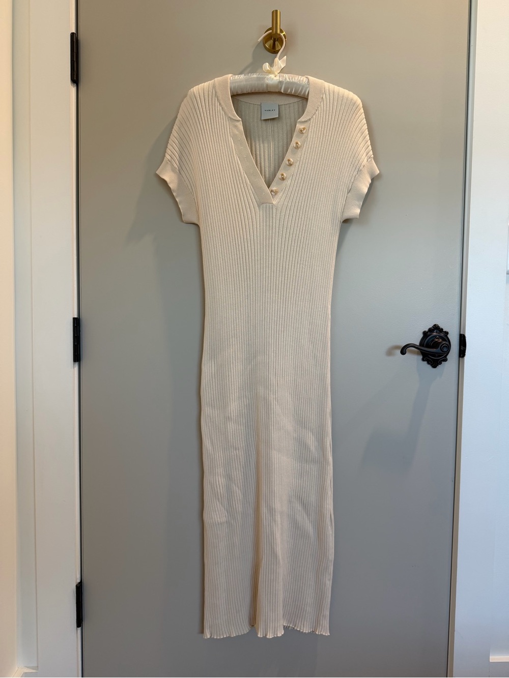 Varley Aria Ribbed Knit Cotton Short Sleeve Midi Dress in Cream - Picture 4 of 6